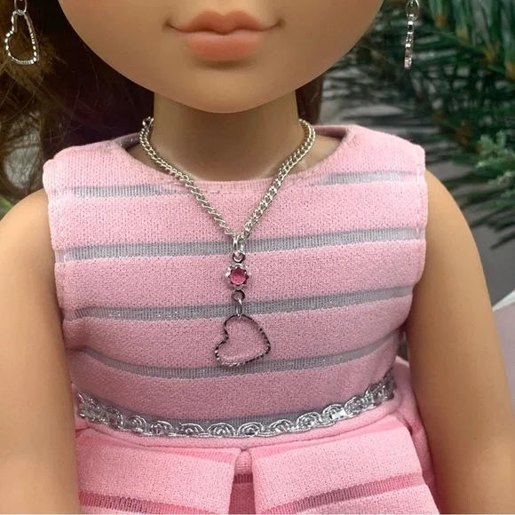 Silver Heart Pink Crystal Silver Doll Necklace Earring Set 14” Wellie Wisher 5/1 - Picture 7 of 15